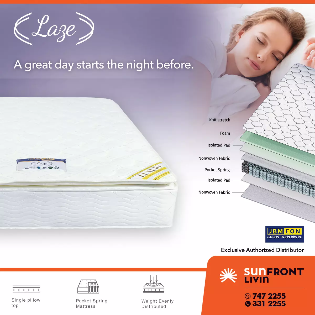 LAZE POCKET SPRING MATTRESS JBM (SINGLE) - Image 3