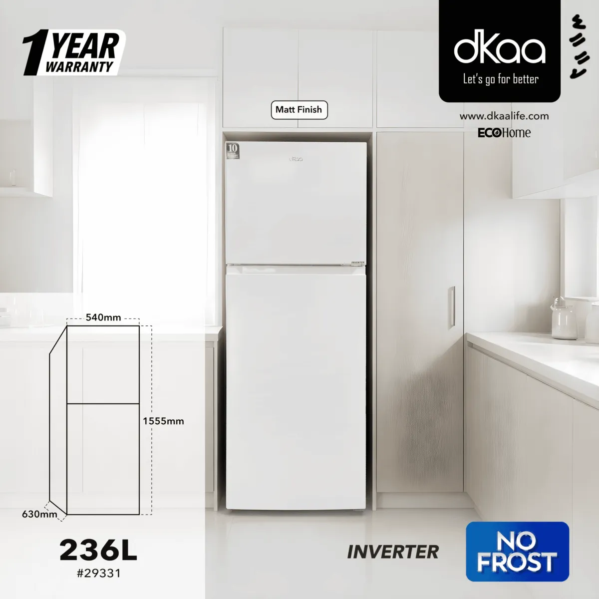DKAA 2 DOOR INVERTER REFRIGERATOR NO-FROST R600A (236L) WHITE - Image 2