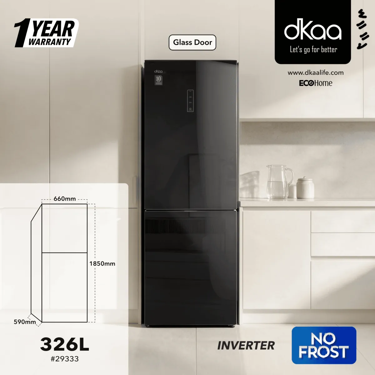 DKAA 2 DOOR INVERTER REFRIGERATOR NO-FROST R600A (326L) GLASS FINISH BLACK - Image 4