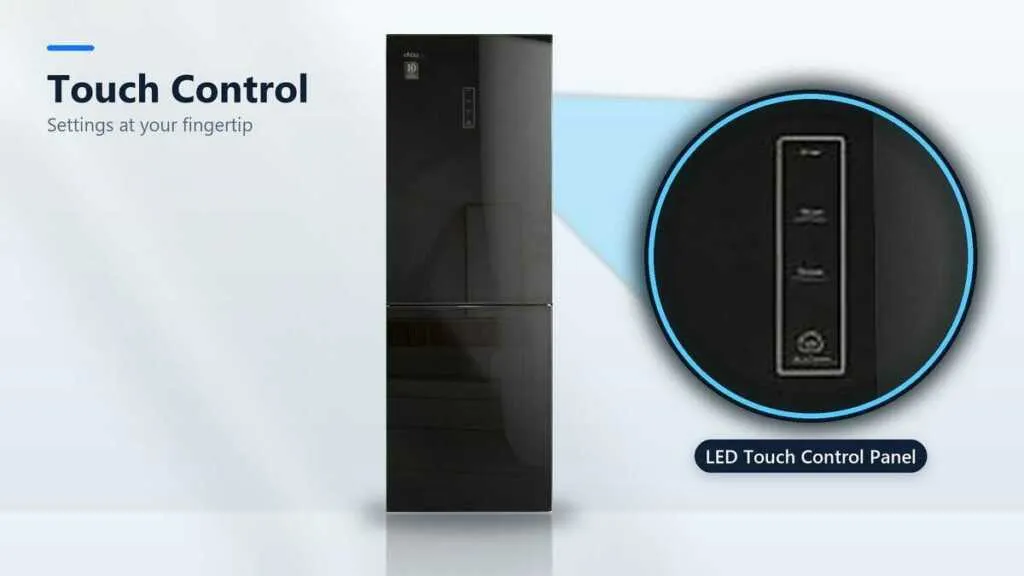 DKAA 2 door refrigerator LED touch control panel close-up