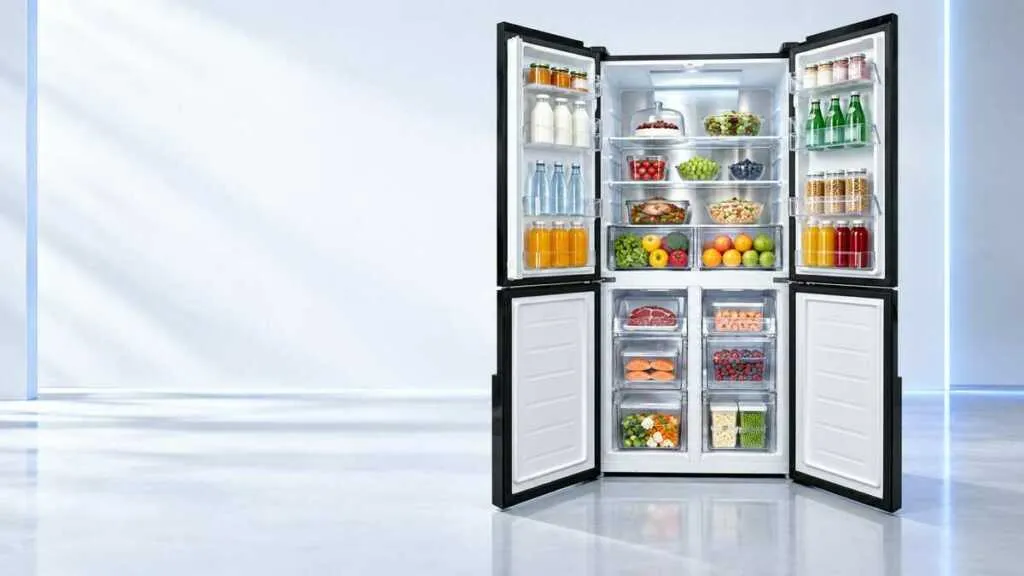 DKAA refrigerator separate storage compartments filled with food