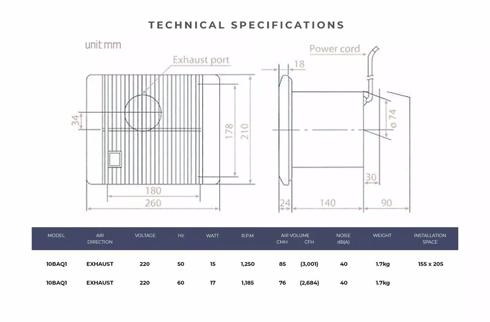 KDK 10BAQ1 technical drawing and dimensions