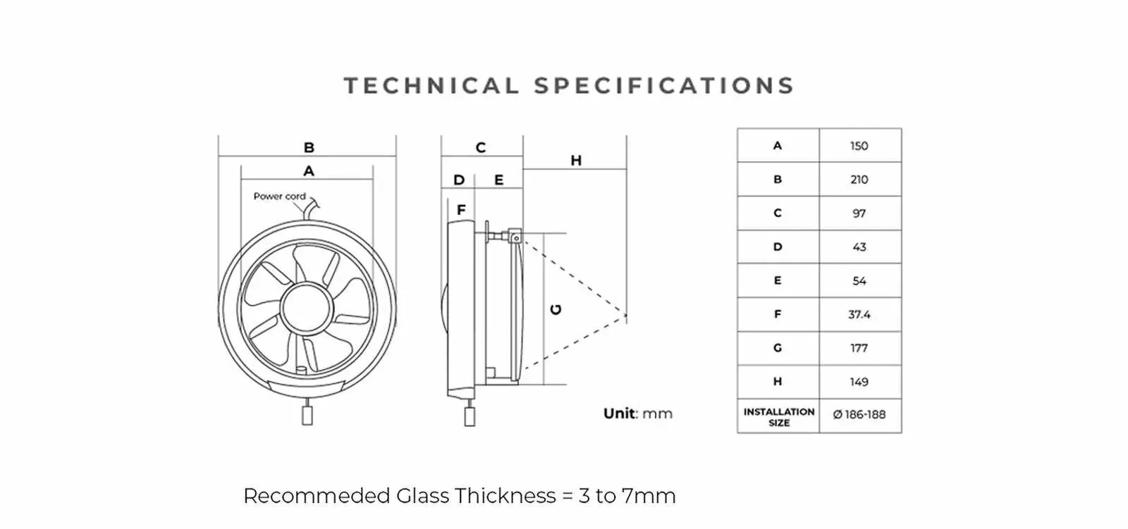 KDK 15WUD technical drawing and dimensions