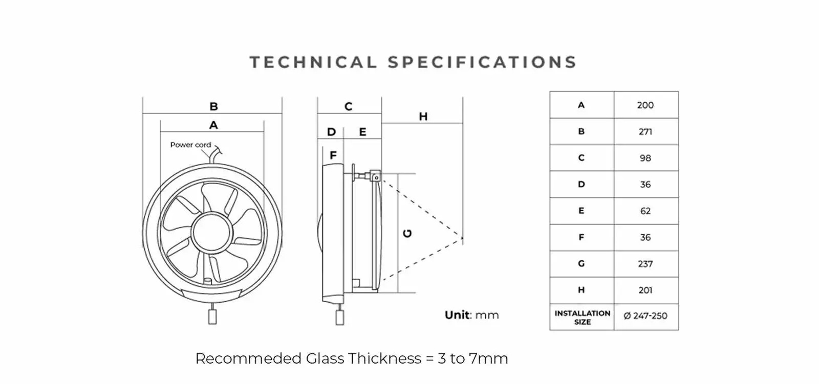 KDK 20WUD technical drawing and dimensions