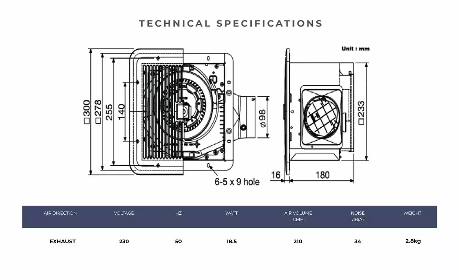 KDK ventilating fan technical drawing and dimensions