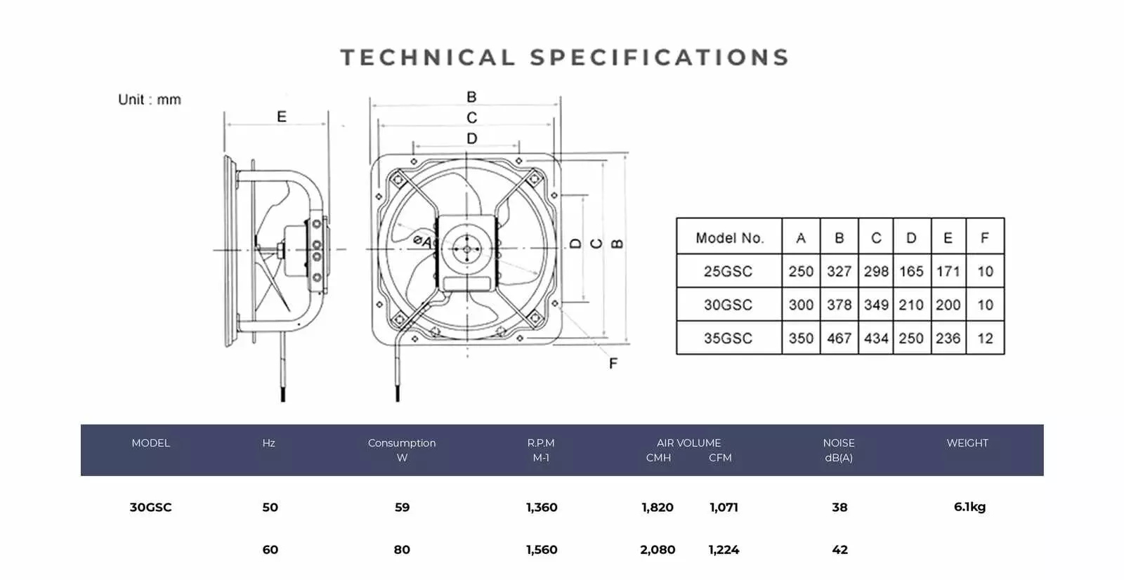 KDK 30GSC technical drawing and dimensions
