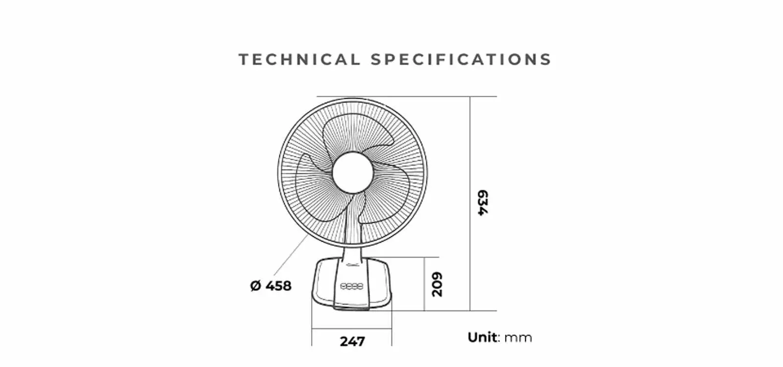 KDK desk fan technical drawing and dimensions