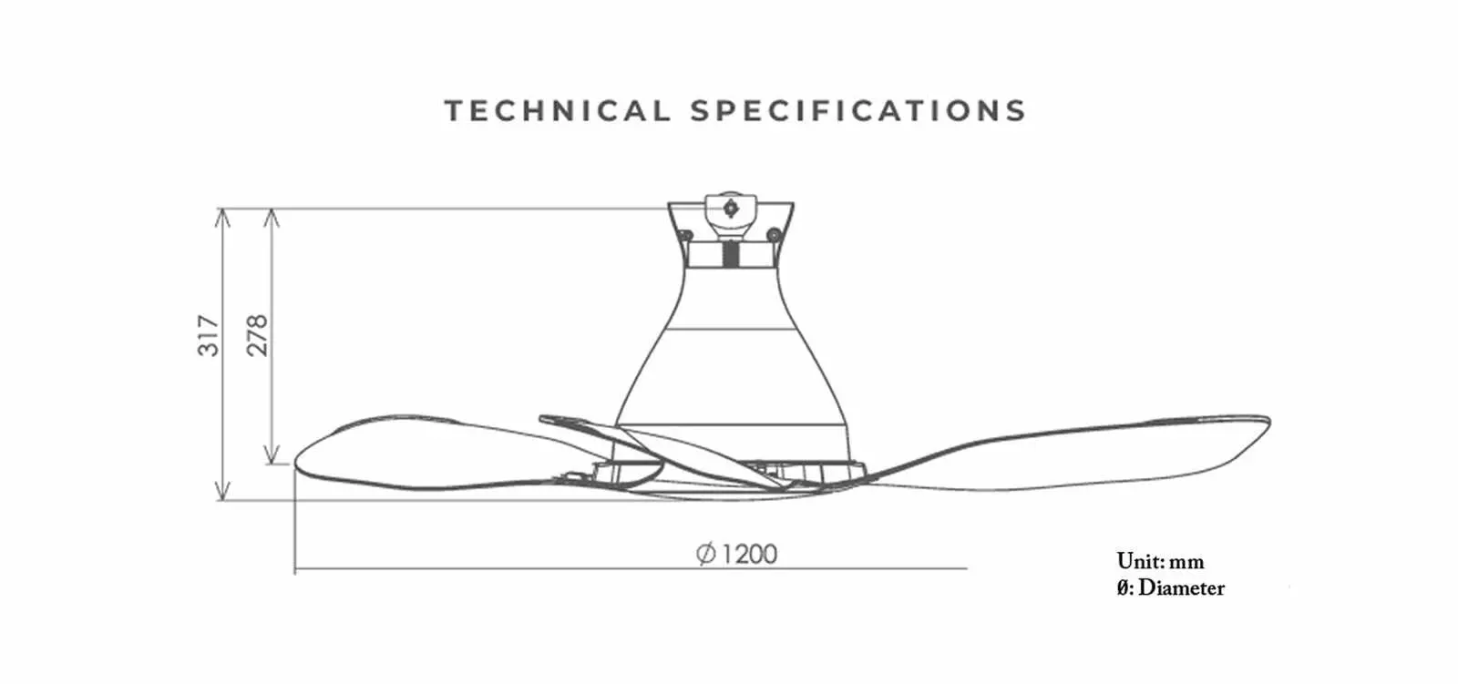 KDK E48GP ceiling fan technical drawing: 1200 mm diameter, 317 mm overall height