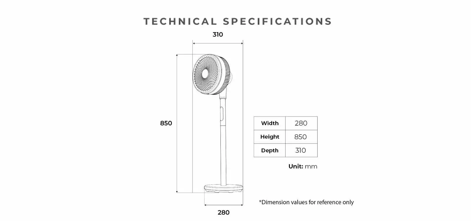 KDK stand fan technical drawing and dimensions