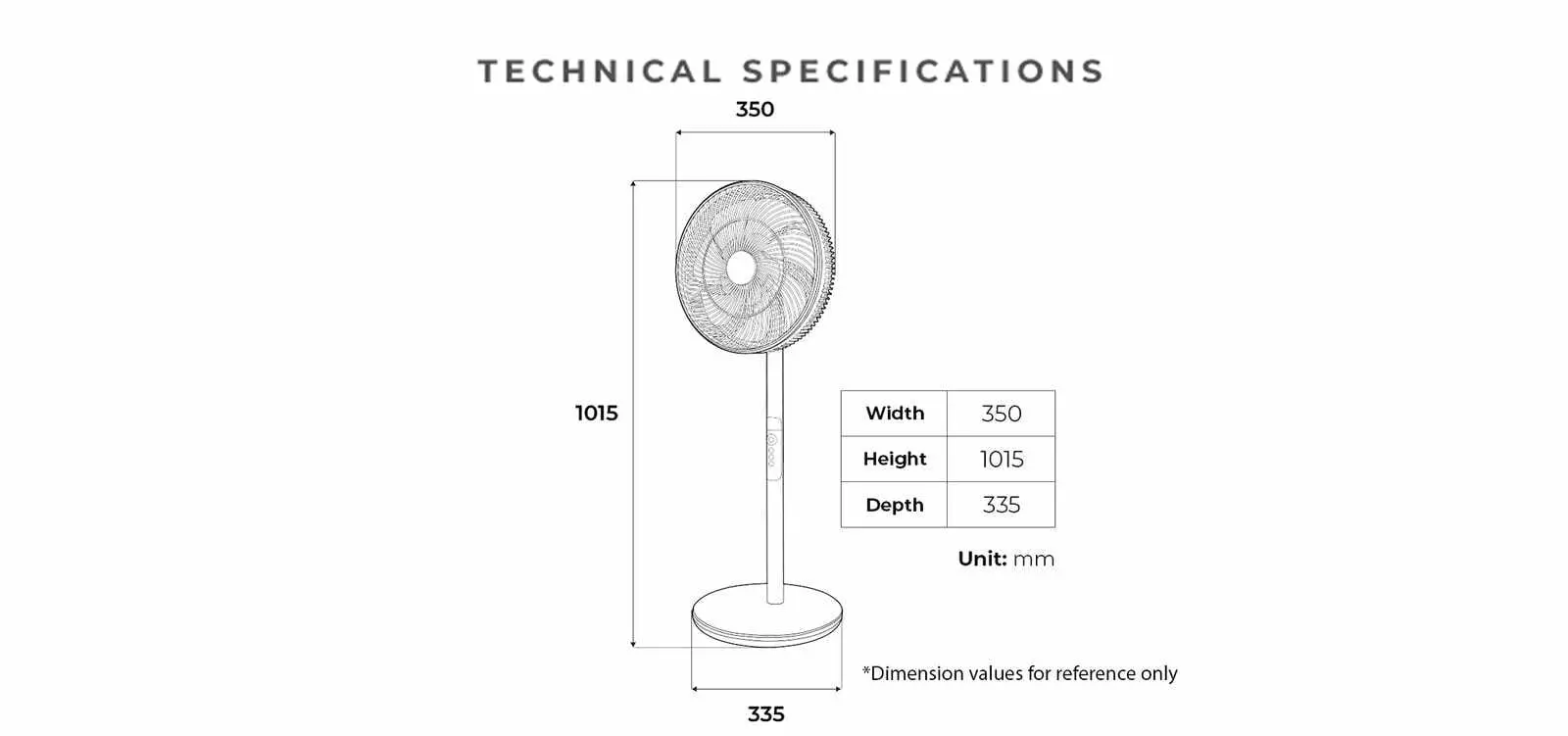 KDK stand fan technical drawing and dimensions