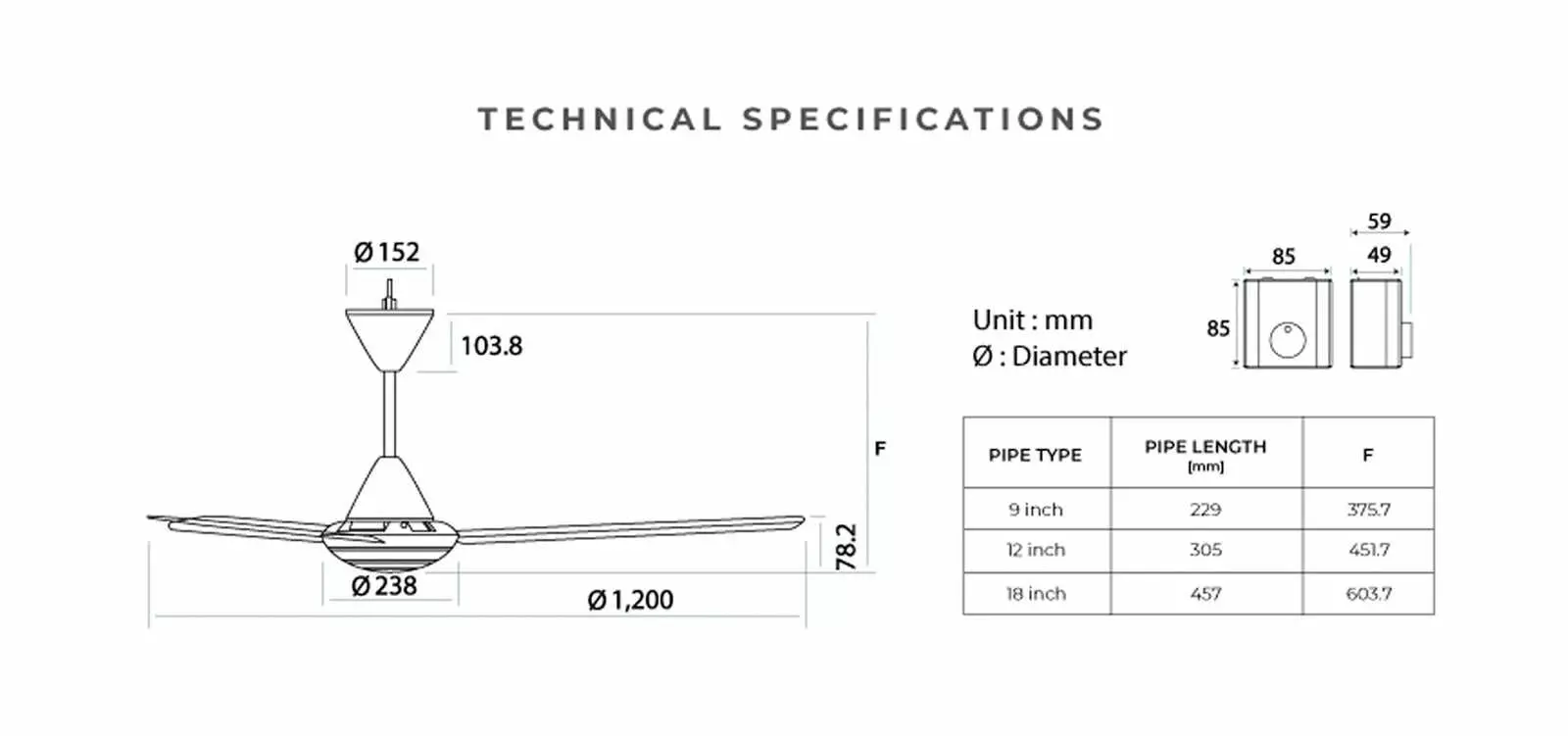 KDK ceiling fan technical drawing and dimensions