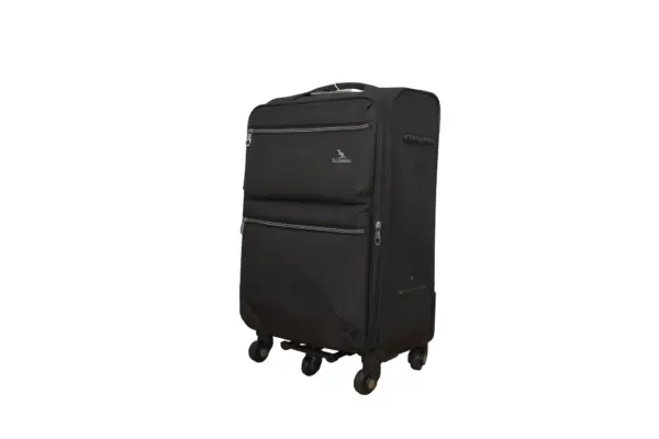 20 inch black soft fabric luggage, side view with four wheels