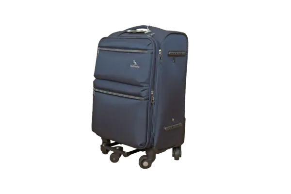 20 inch blue soft fabric luggage, side view with four wheels
