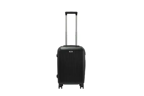 20 inch black hard shell luggage with fine vertical ribs, front view