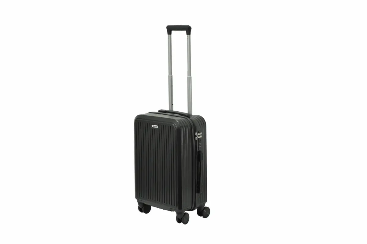 20 inch black hard shell luggage with fine vertical ribs, side view with four wheels