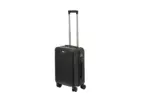 20 inch black hard shell luggage with fine vertical ribs, side view with four wheels