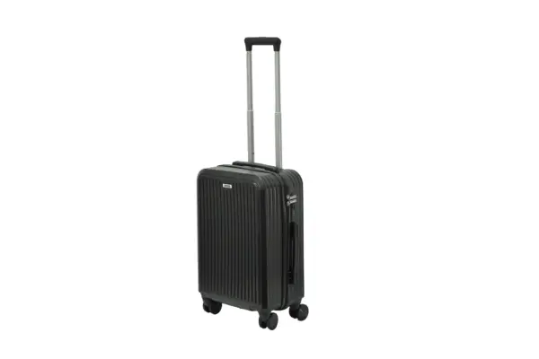 20 inch black hard shell luggage with fine vertical ribs, side view with four wheels