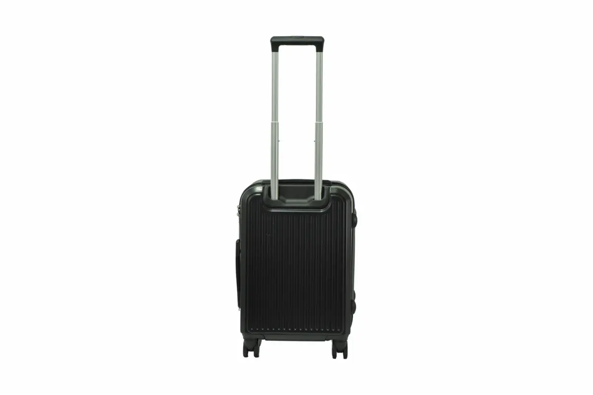 20 inch black hard shell luggage with fine vertical ribs, alternate angle