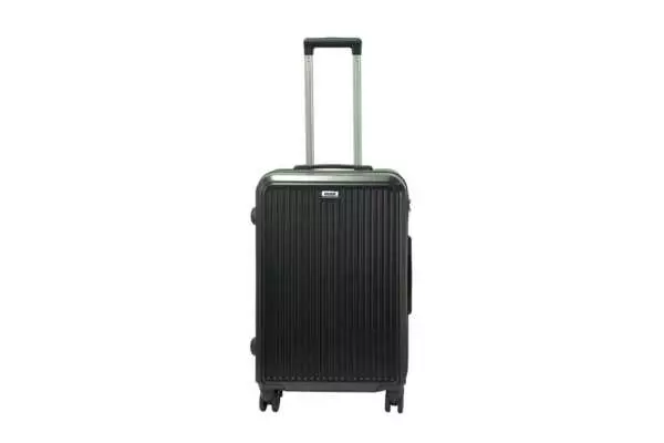 24 inch black hard shell luggage with fine vertical ribs, front view