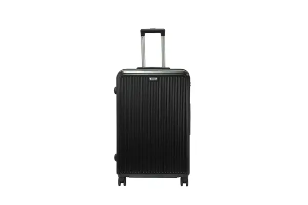 28 inch black hard shell luggage with fine vertical ribs, front view