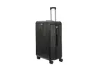 28 inch black hard shell luggage with fine vertical ribs, side view with four wheels