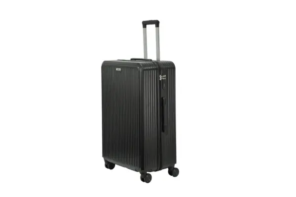 28 inch black hard shell luggage with fine vertical ribs, side view with four wheels