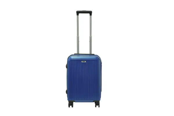20 inch blue hard shell luggage with fine vertical ribs, front view
