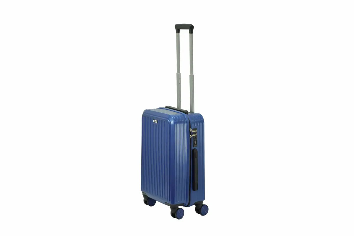 20 inch blue hard shell luggage with fine vertical ribs, side view with four wheels