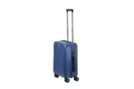 20 inch blue hard shell luggage with fine vertical ribs, side view with four wheels