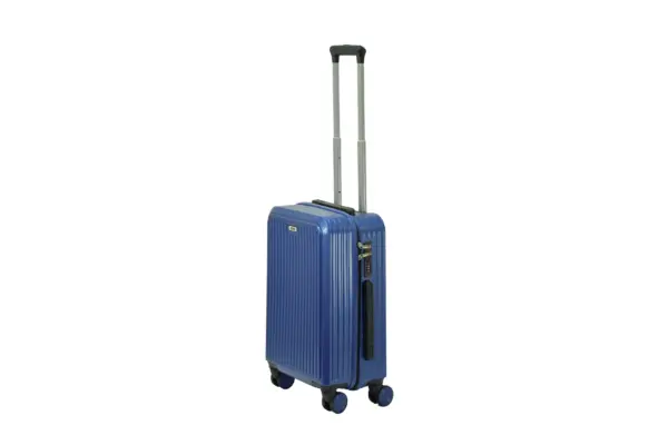 20 inch blue hard shell luggage with fine vertical ribs, side view with four wheels