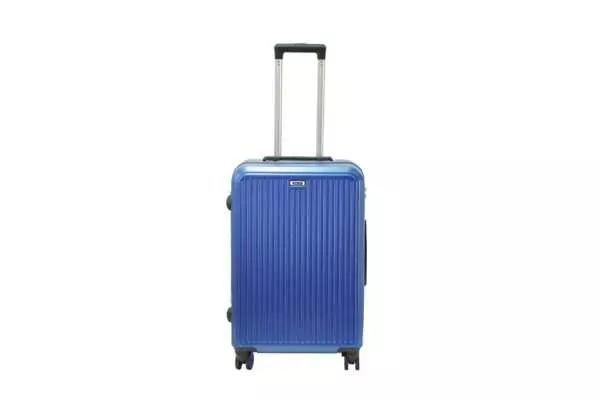 24 inch blue hard shell luggage with fine vertical ribs, front view