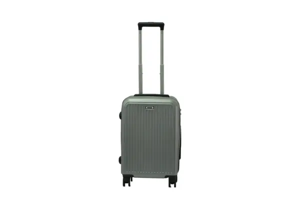 20 inch silver hard shell luggage with fine vertical ribs, front view