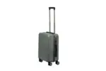 20 inch silver hard shell luggage with fine vertical ribs, side view with four wheels
