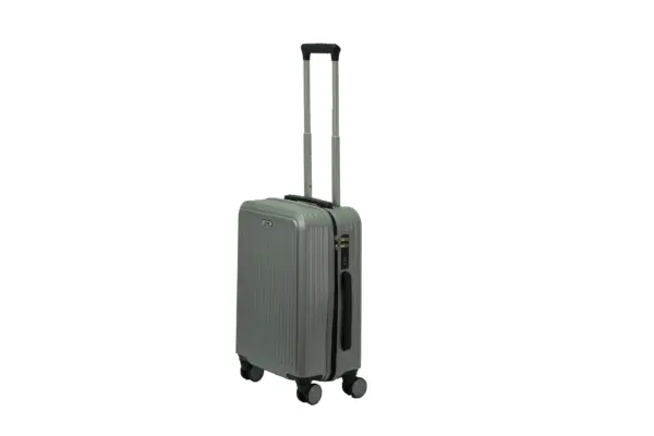 20 inch silver hard shell luggage with fine vertical ribs, side view with four wheels