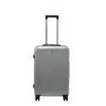 24 inch silver hard shell luggage with fine vertical ribs, front view