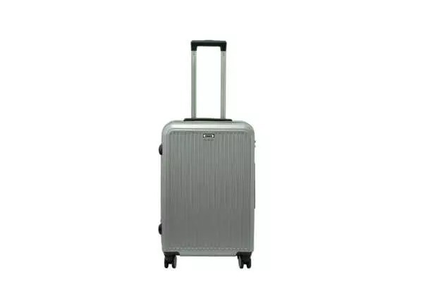 24 inch silver hard shell luggage with fine vertical ribs, front view