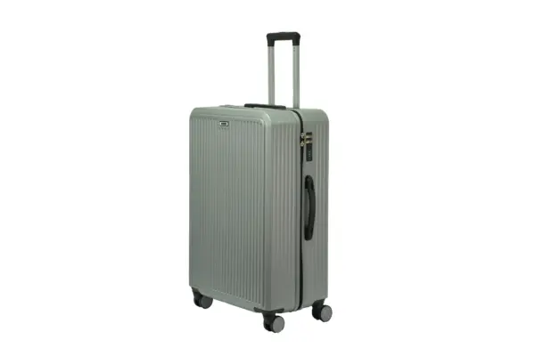 28 inch silver hard shell luggage with fine vertical ribs, side view with four wheels