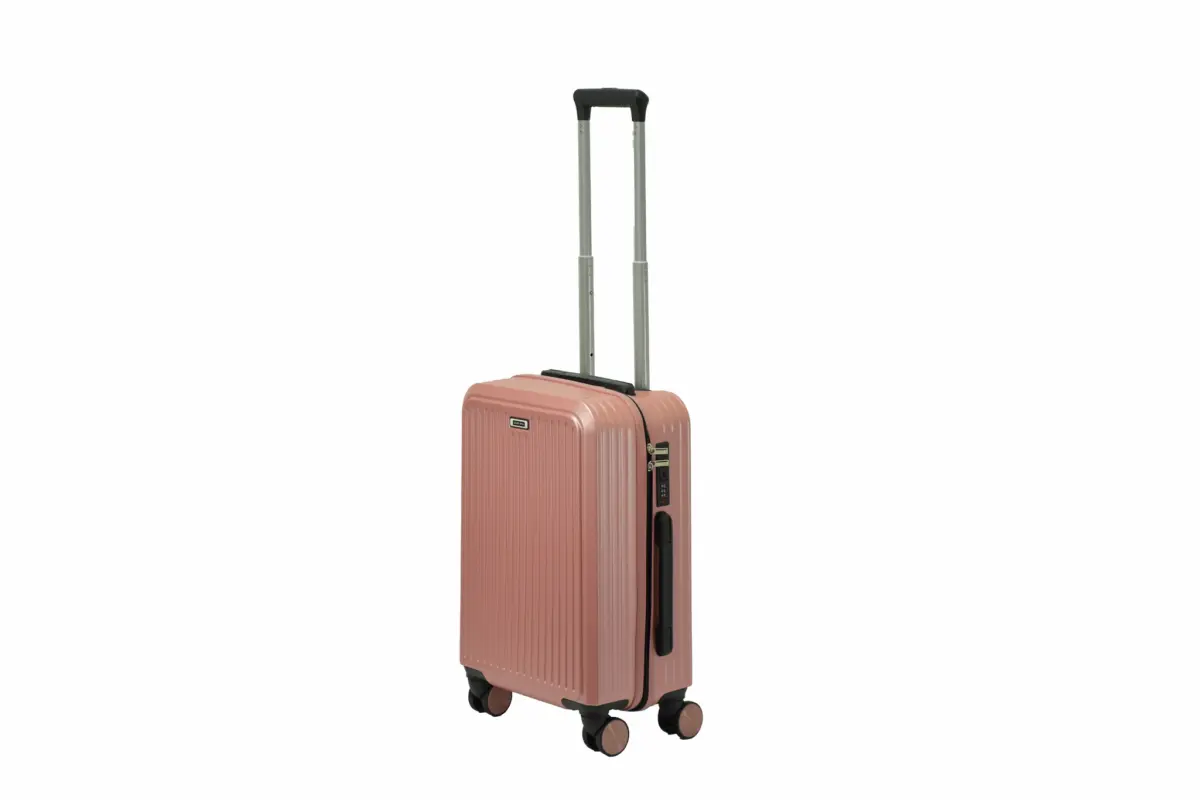 20 inch rose gold hard shell luggage with fine vertical ribs, side view with four wheels