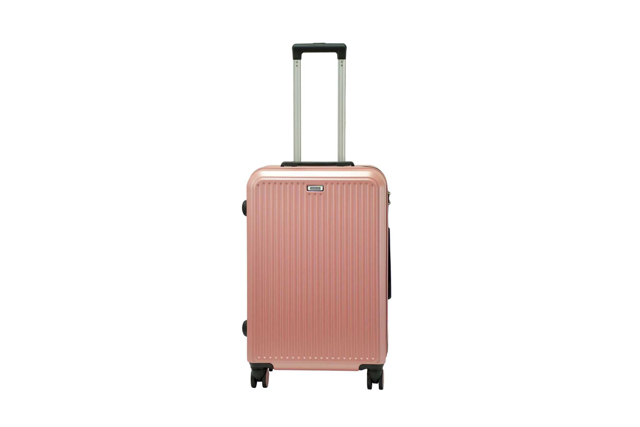 28207 copy 24 inch rose gold hard shell luggage with fine vertical ribs, front view