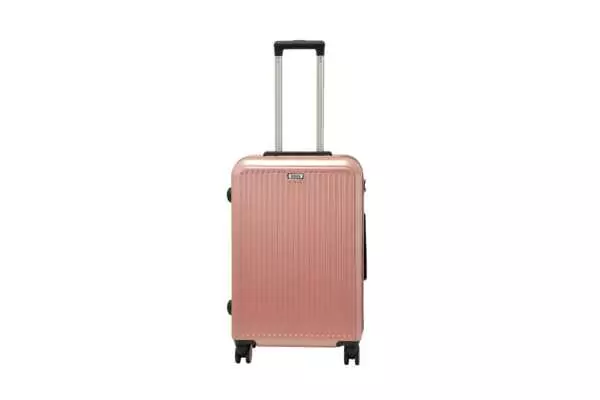 24 inch rose gold hard shell luggage with fine vertical ribs, front view