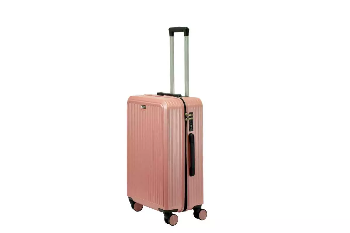 24 inch rose gold hard shell luggage with fine vertical ribs, side view with four wheels