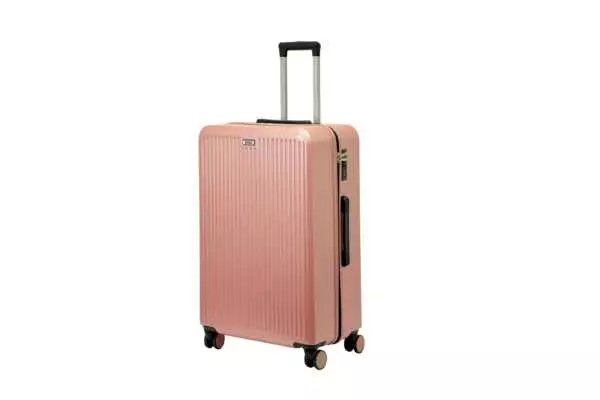 28 inch rose gold hard shell luggage with fine vertical ribs, front view