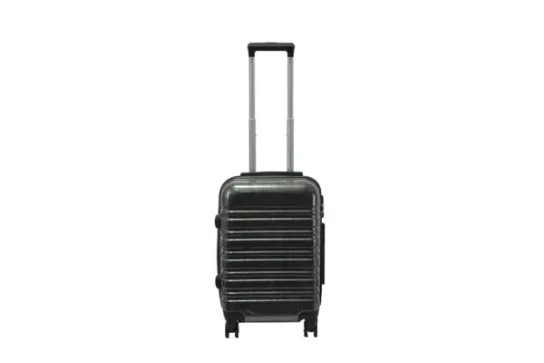 20 inch black hard shell luggage with a brushed finish and horizontal grooves, front view