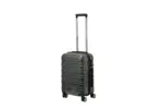 20 inch black hard shell luggage with a brushed finish and horizontal grooves, side view with four wheels