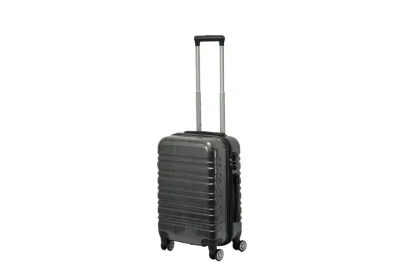 20 inch black hard shell luggage with a brushed finish and horizontal grooves, side view with four wheels