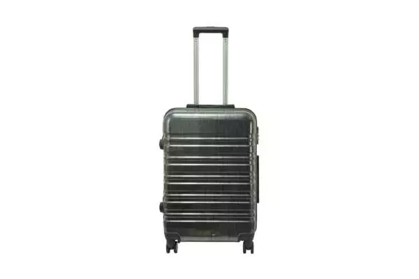 24 inch black hard shell luggage with a brushed finish and horizontal grooves, front view