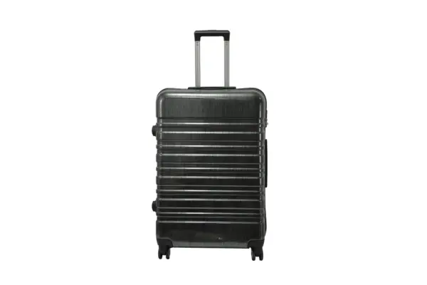 28 inch black hard shell luggage with a brushed finish and horizontal grooves, front view