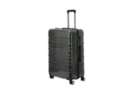 28 inch black hard shell luggage with a brushed finish and horizontal grooves, side view with four wheels