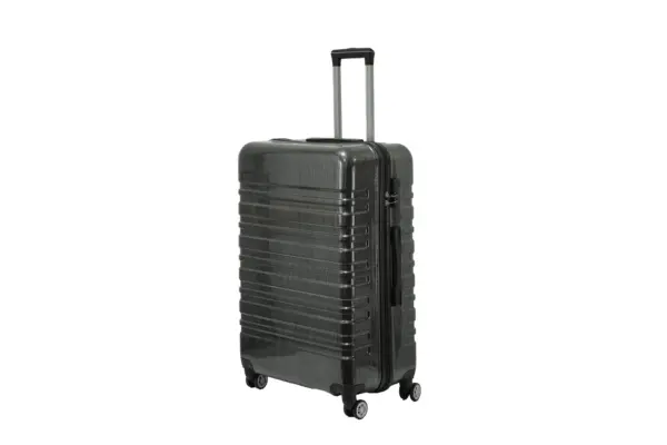 28 inch black hard shell luggage with a brushed finish and horizontal grooves, side view with four wheels