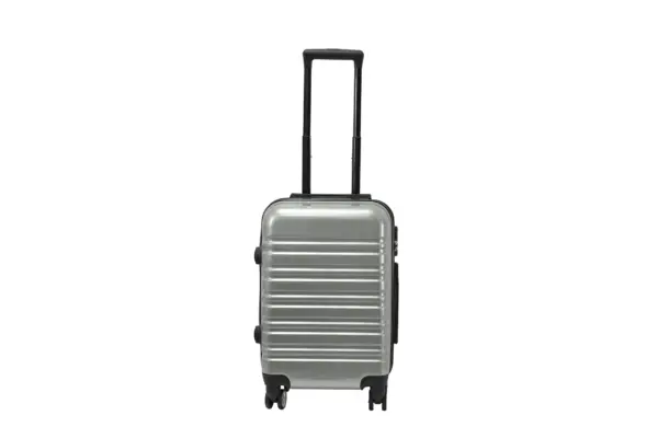 20 inch silver hard shell luggage with wide horizontal grooves, front view